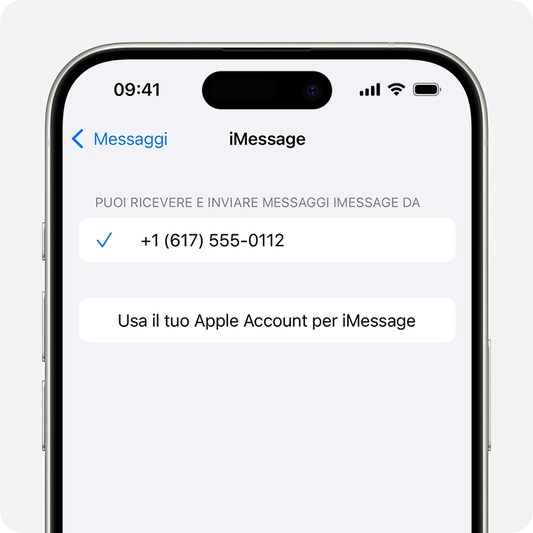 iPhone con la schermata delle impostazioni di iMessage visualizzata. Nella parte inferiore della schermata è visualizzato il pulsante “Usa il tuo Apple Account per iMessage” che ti consente di utilizzare il tuo Apple Account per inviare e ricevere messaggi iMessage.
