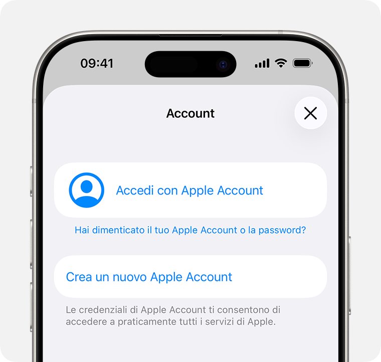 Schermata di iPhone che mostra l'opzione per creare un nuovo Apple Account