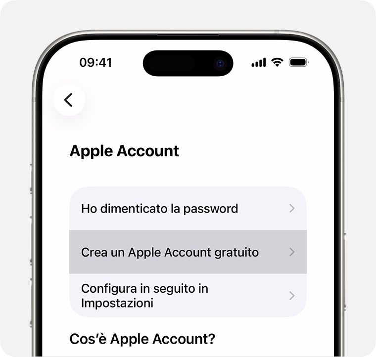 Schermata di iPhone che mostra l'opzione per selezionare Crea un Apple Account gratuito