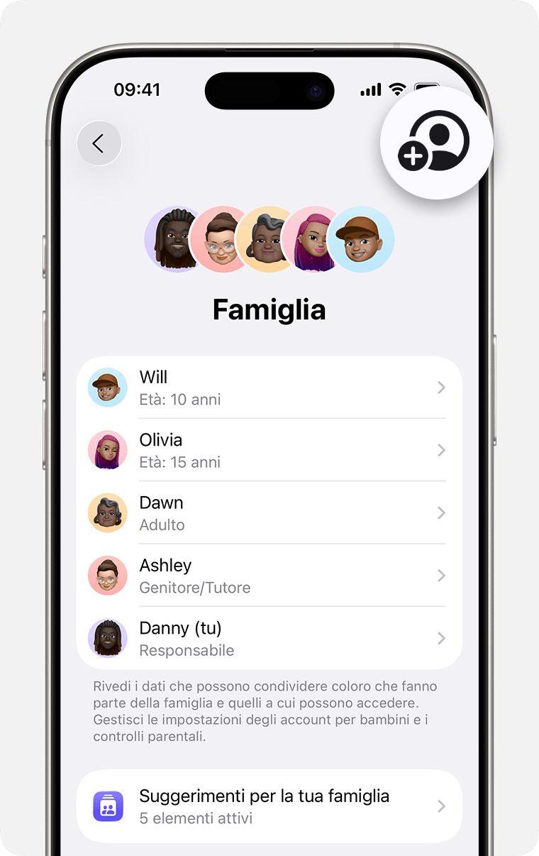 Impostazioni iPhone che mostrano le impostazioni Famiglia, con il pulsante Aggiungi membro evidenziato