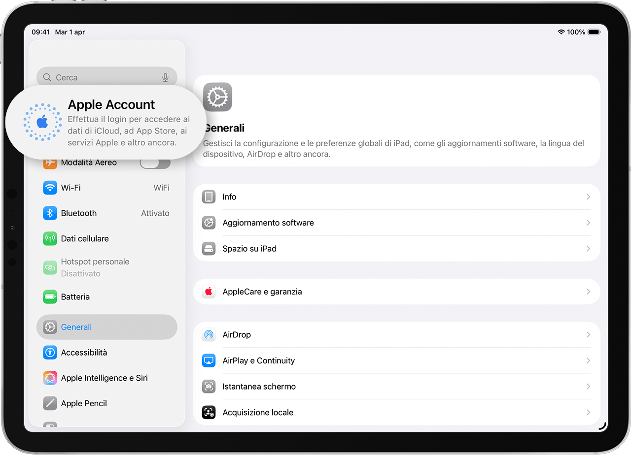 Un iPad che mostra Impostazioni e dove accedere con il tuo Apple Account