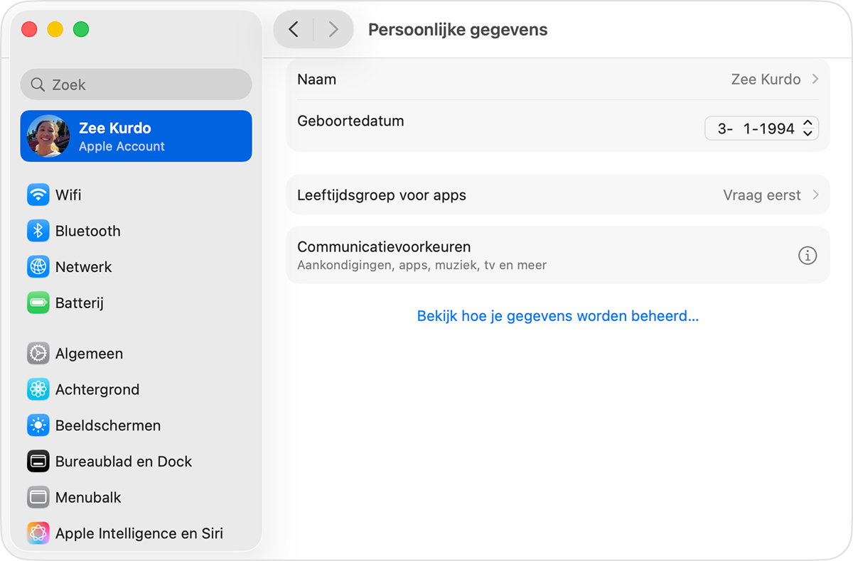 'Geboortedatum' in 'Instellingen' van Apple Account op Mac