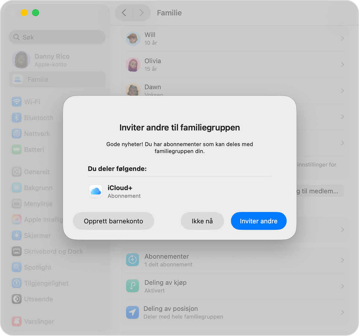 Systeminnstillinger på Mac som viser en Familiedeling-invitasjon og Opprett barnekonto-knappen