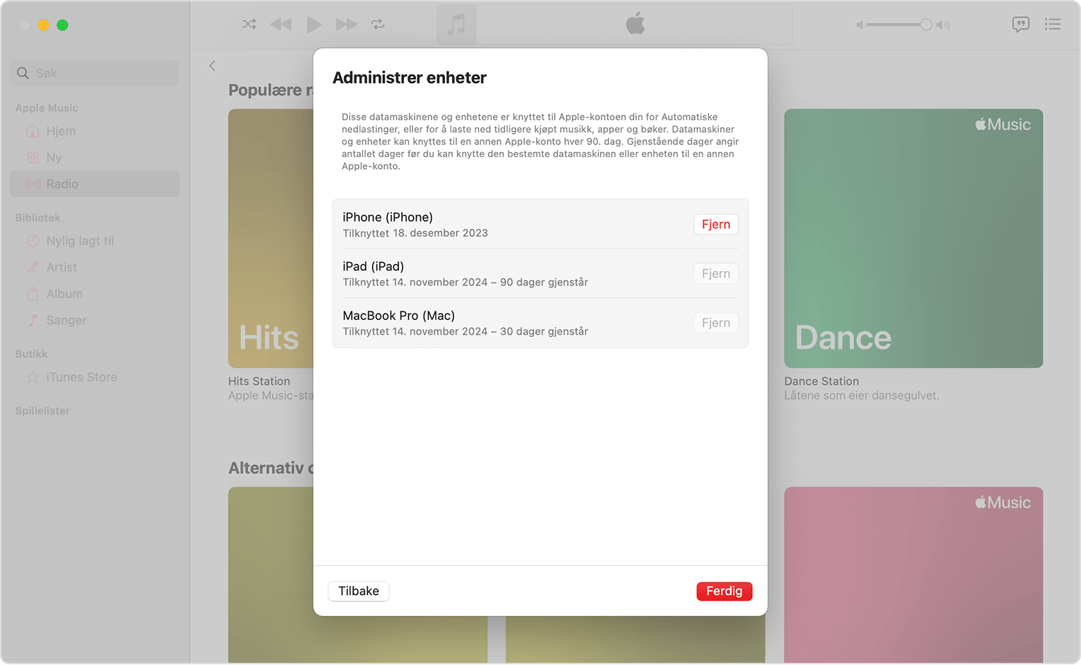Music-appen på Mac som viser Administrer enheter og en liste over enheter med en Fjern-knapp ved siden av hver av dem.