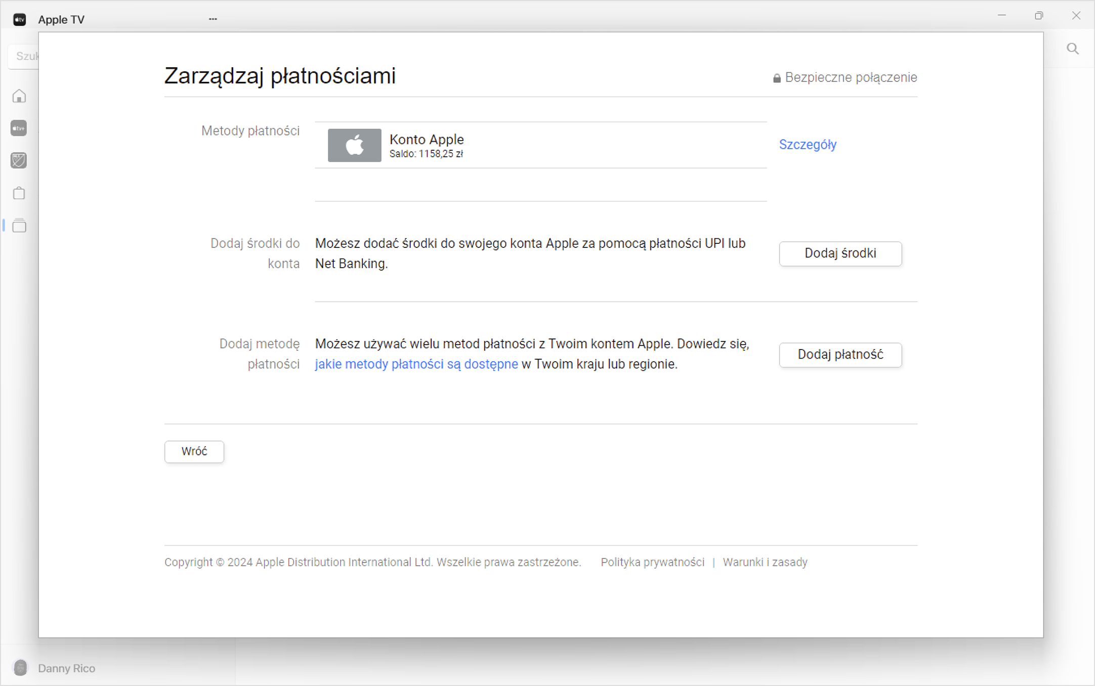 Ekran systemu Windows pokazujący ustawienia zarządzania płatnościami w aplikacji Apple Music. Aby dodać metodę płatności, kliknij Dodaj płatność.