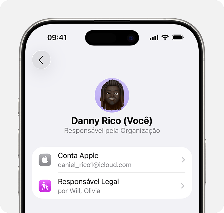 Tela do iPhone mostrando uma Conta Apple para um organizador da família.
