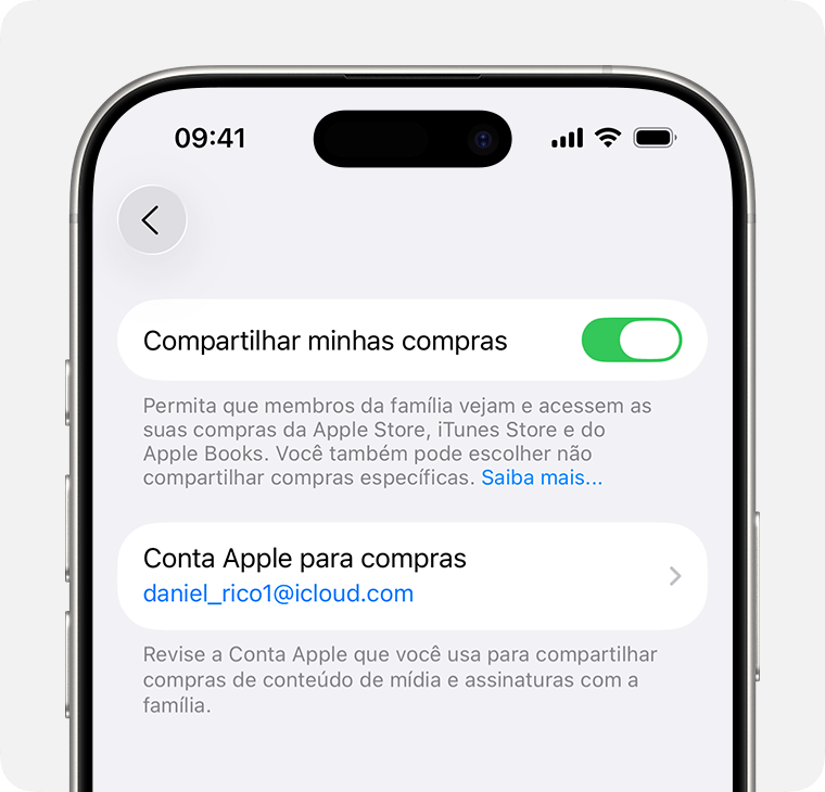 Tela do iPhone mostrando como ativar o recurso Compartilhar Minhas Compras.