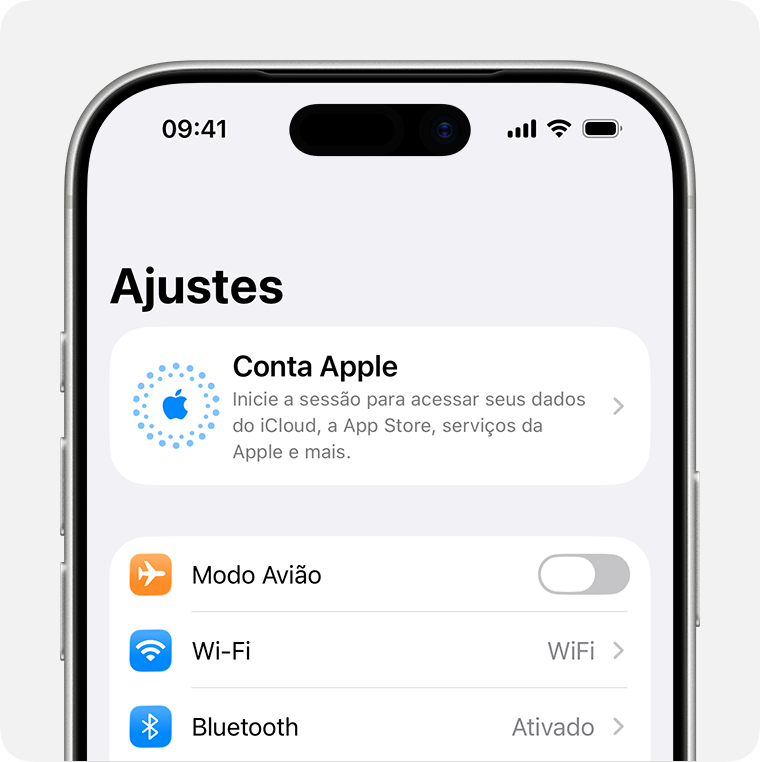 iPhone mostrando os Ajustes e onde iniciar sessão na Conta Apple.