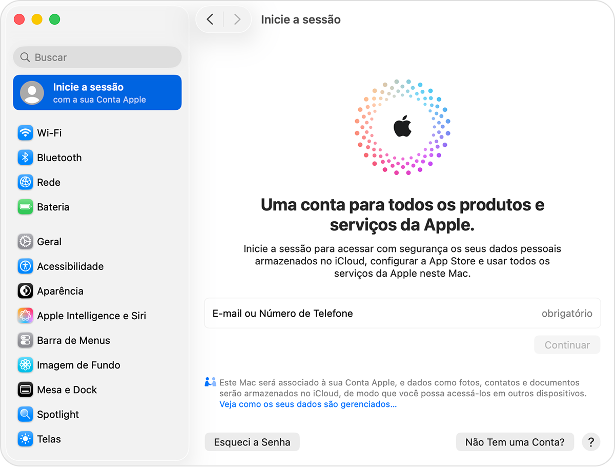 Mac mostrando os Ajustes do Sistema e onde iniciar sessão na Conta Apple.