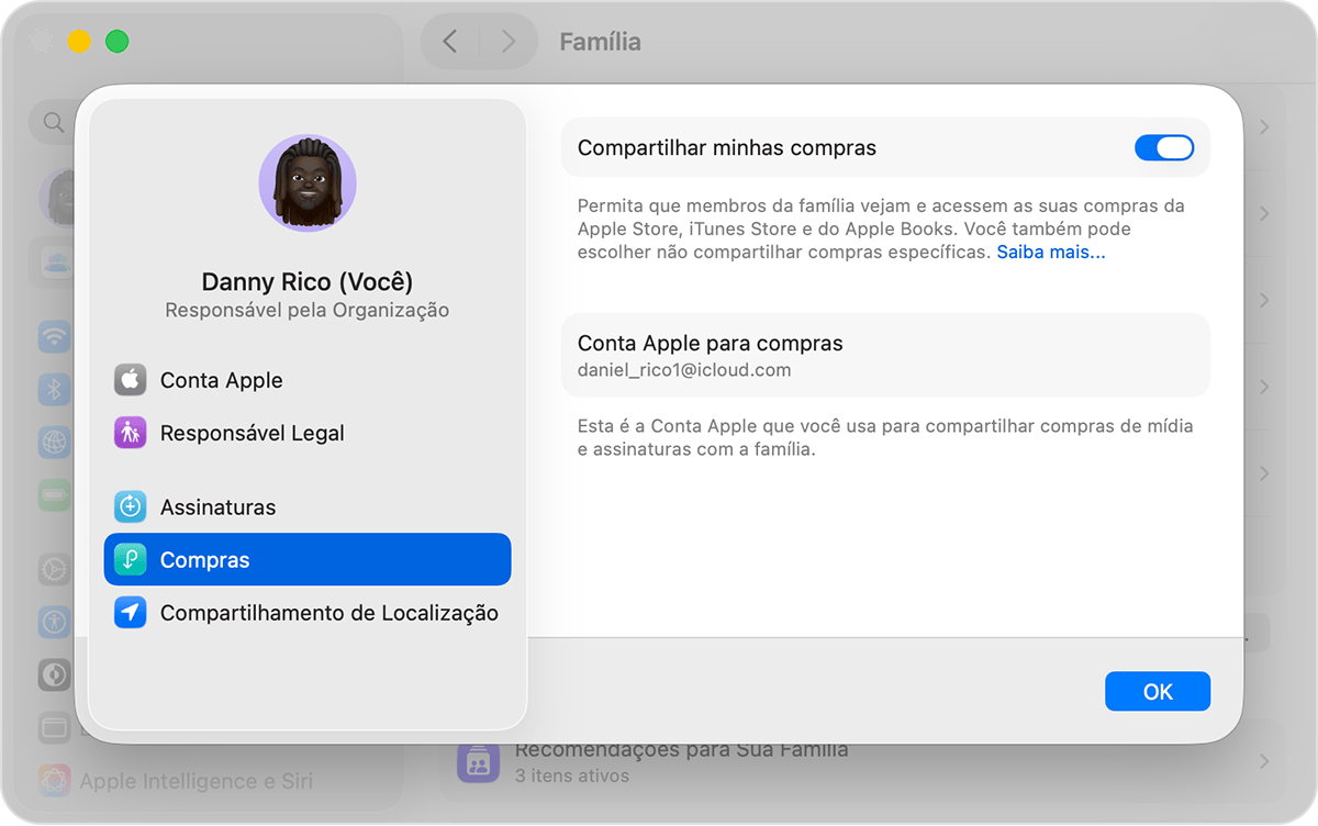 Tela do Mac mostrando como ativar o recurso Compartilhar Minhas Compras.