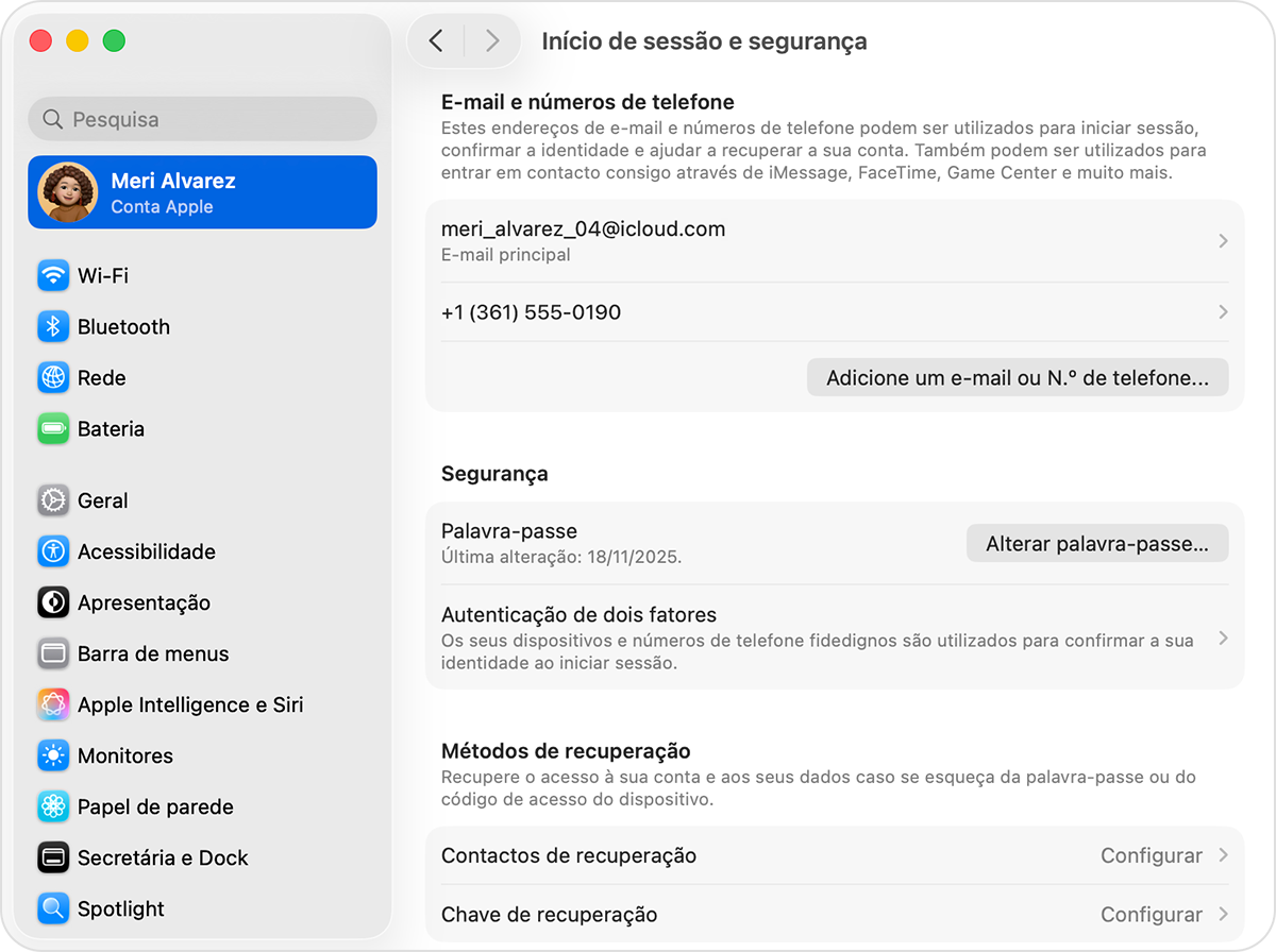 Mac a mostrar as definições de Início de sessão e segurança da conta Apple