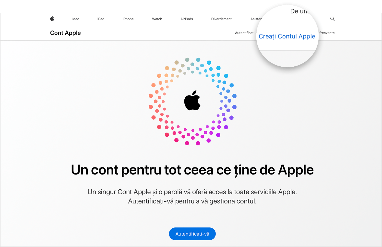 Ecran web care afișează linkul către Creați un cont Apple