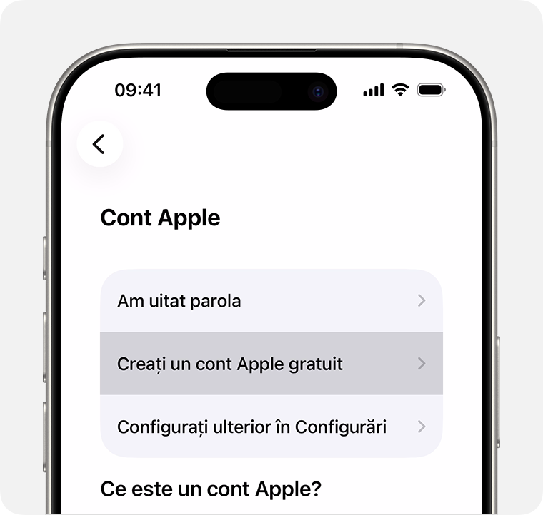 Ecranul iPhone care arată opțiunea de a selecta Creați un cont Apple gratuit