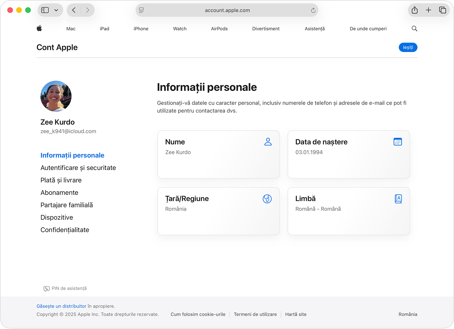 Pagina contului Apple care afișează Informații personale și Zi de naștere