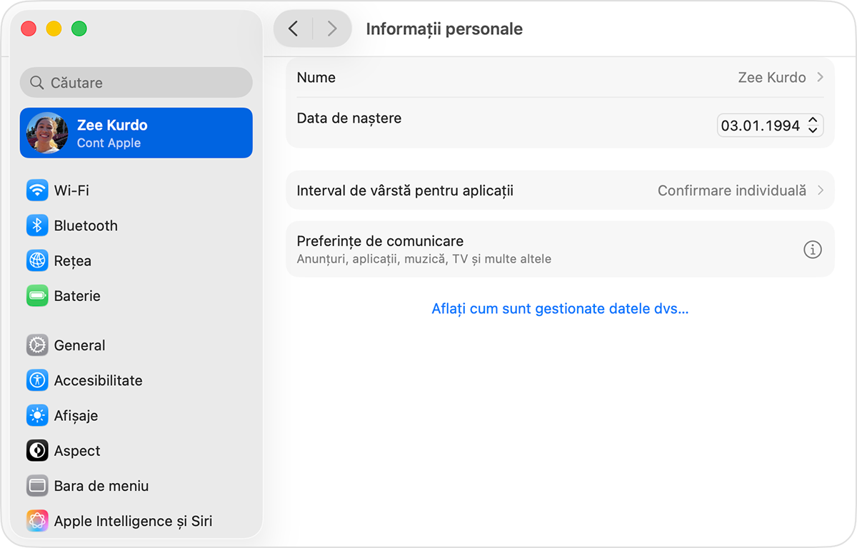 Configurările contului Apple pe Mac afișând Zi de naștere