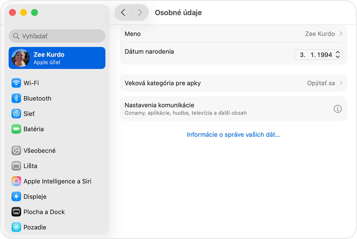 Nastavenia Apple účtu na Macu so zobrazeným dátumom narodenia