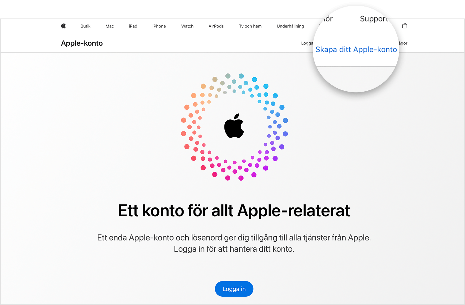 Webbskärm som visar länken för Skapa ditt Apple‑konto