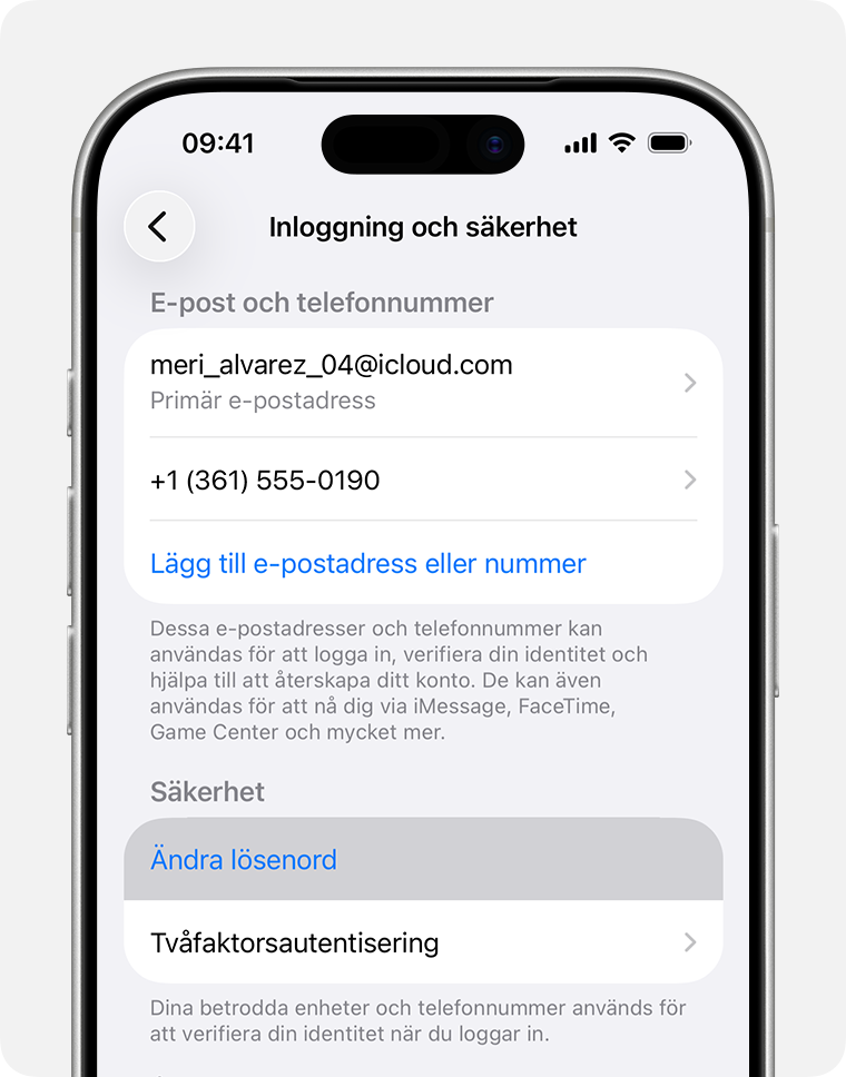 iPhone med knappen Ändra lösenord i Inställningar