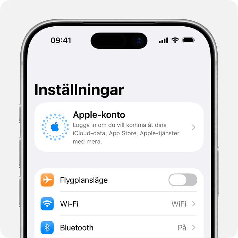 En iPhone som visar Inställningar och var du loggar in med ditt Apple-konto.