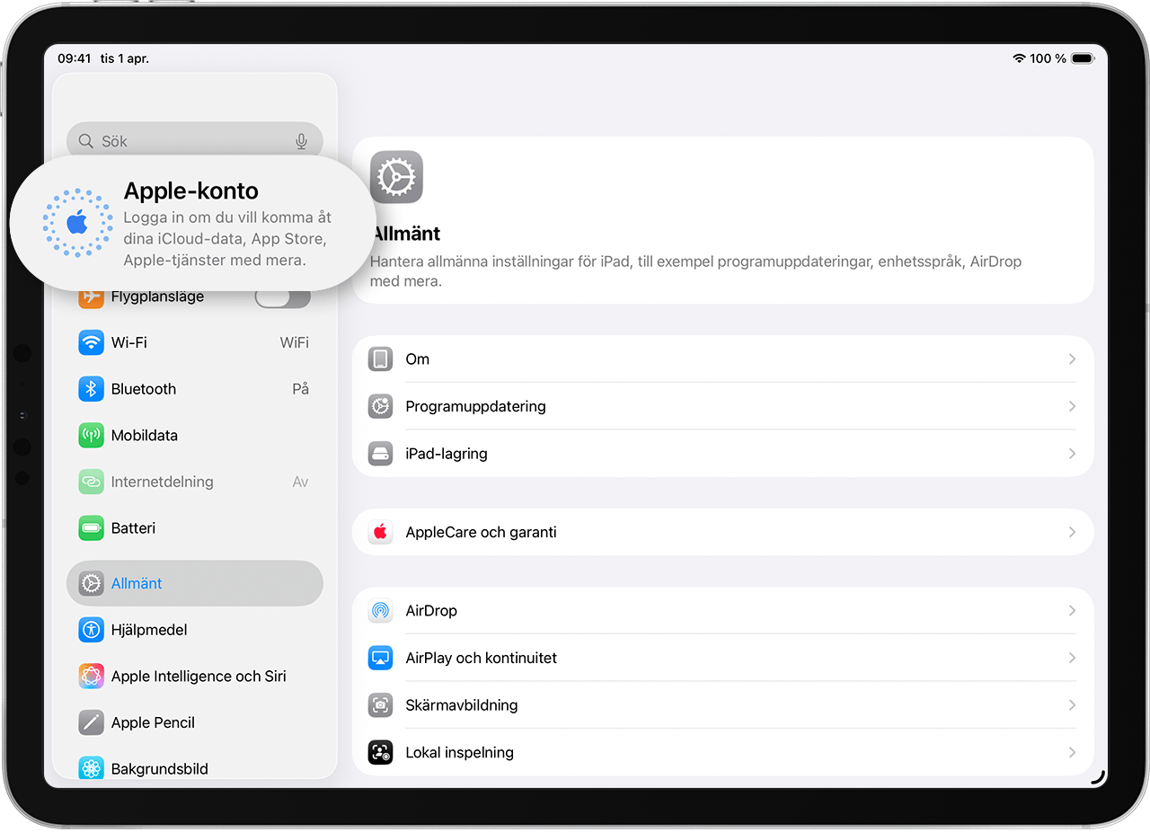 En iPad som visar Inställningar och var du loggar in med ditt Apple-konto
