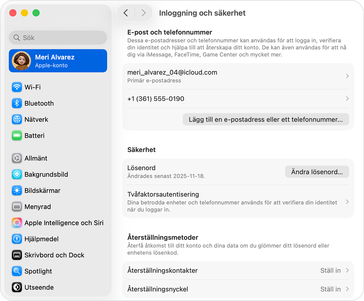 Mac som visar inloggnings- och säkerhetsinställningar