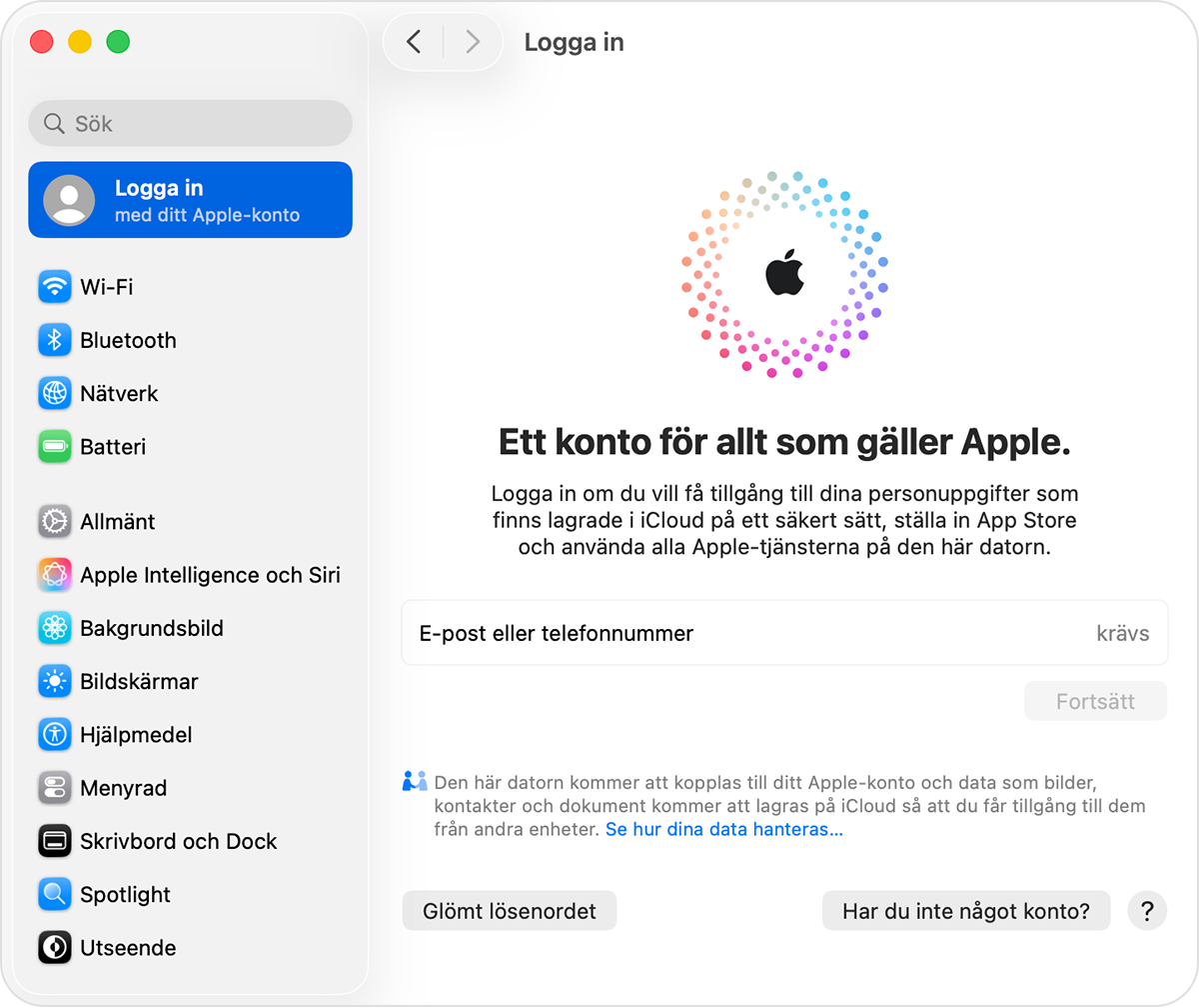 En Mac som visar Systeminställningar och var du loggar in med ditt Apple-konto.