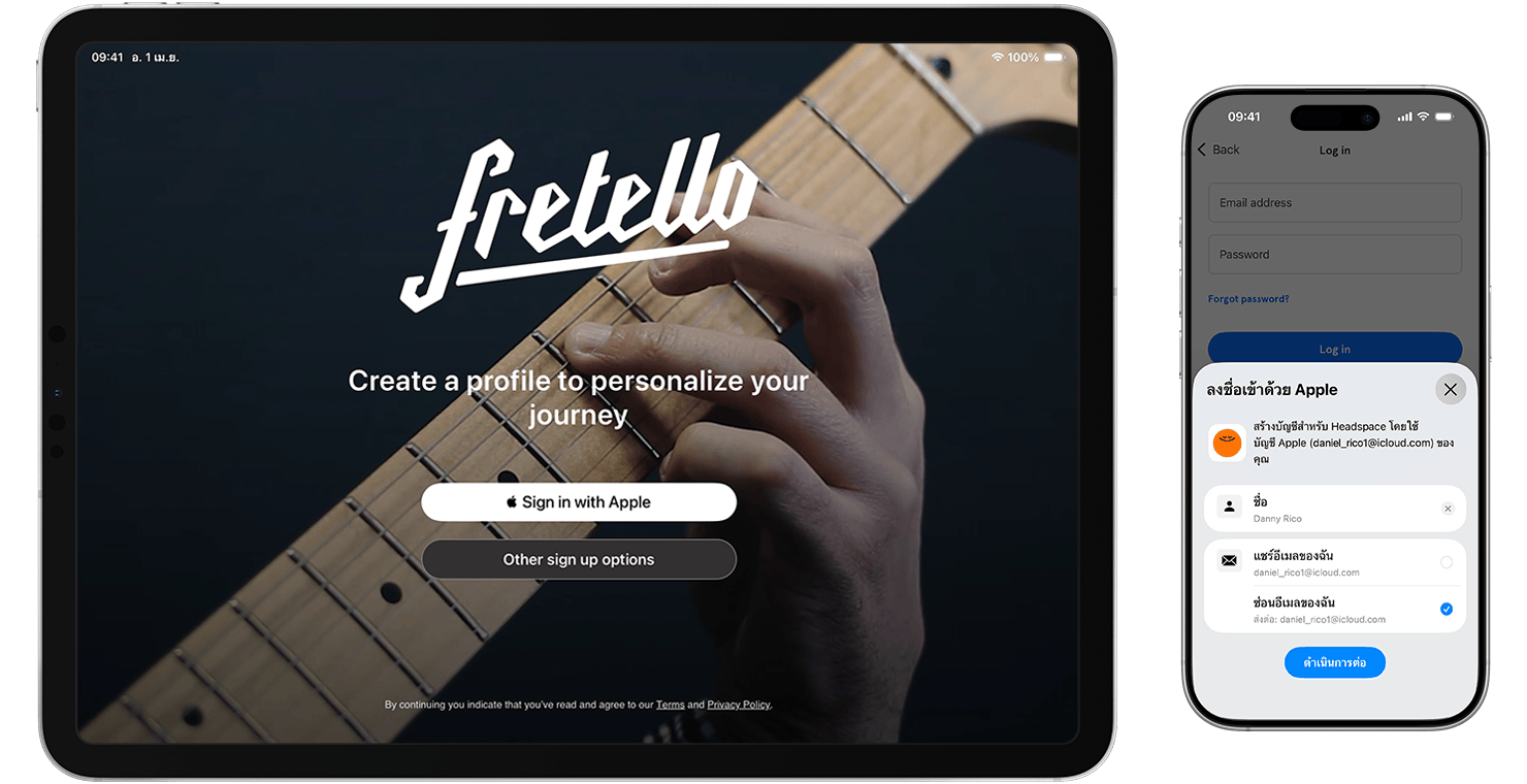 iPad และ iPhone ที่แสดงปุ่มลงชื่อเข้าด้วย Apple ในแอป