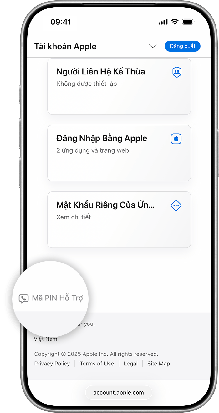 Chạm vào Mã PIN hỗ trợ để tạo một mã PIN hỗ trợ.