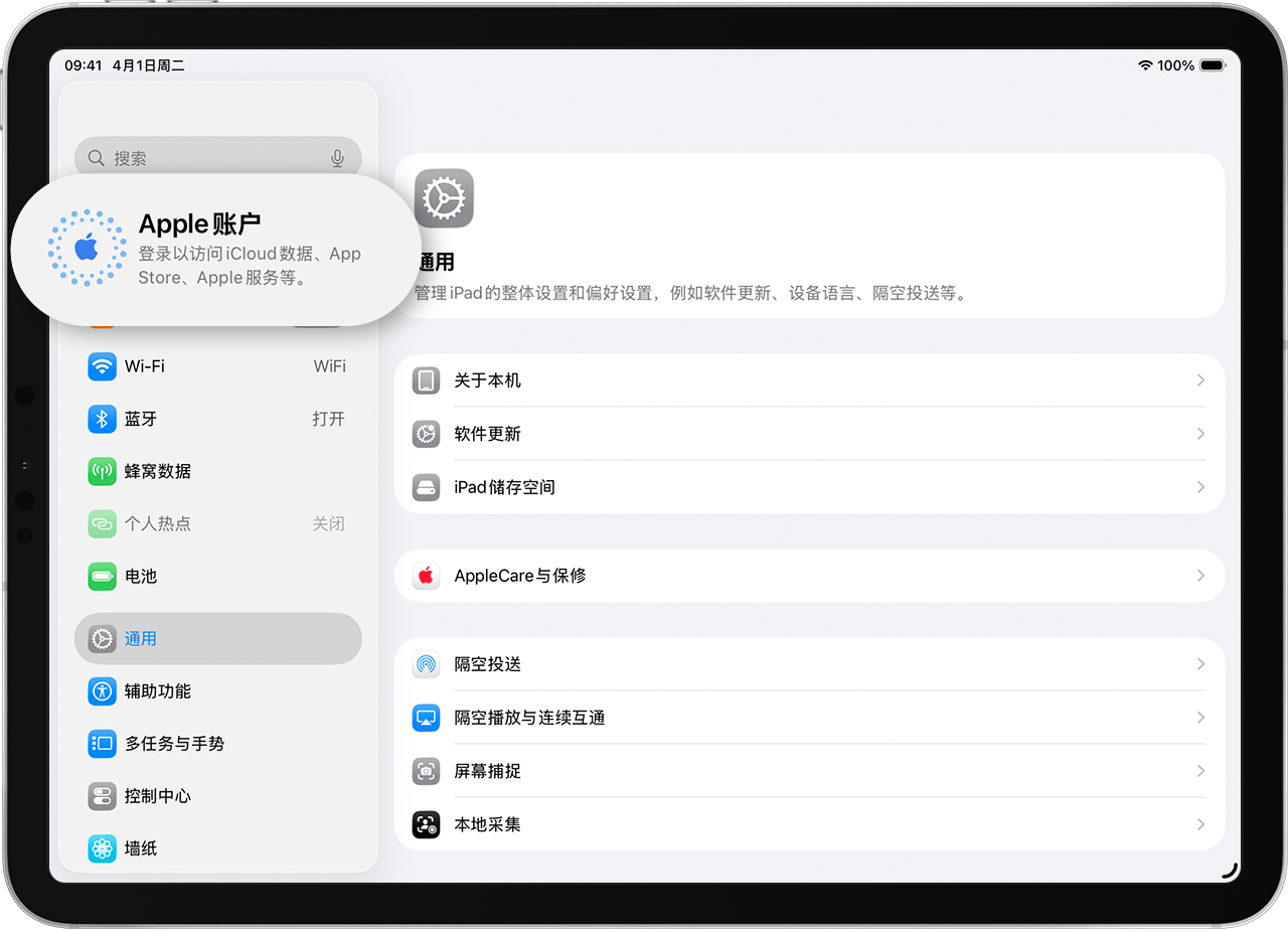 iPad 上显示了“设置”和使用 Apple 账户登录的位置
