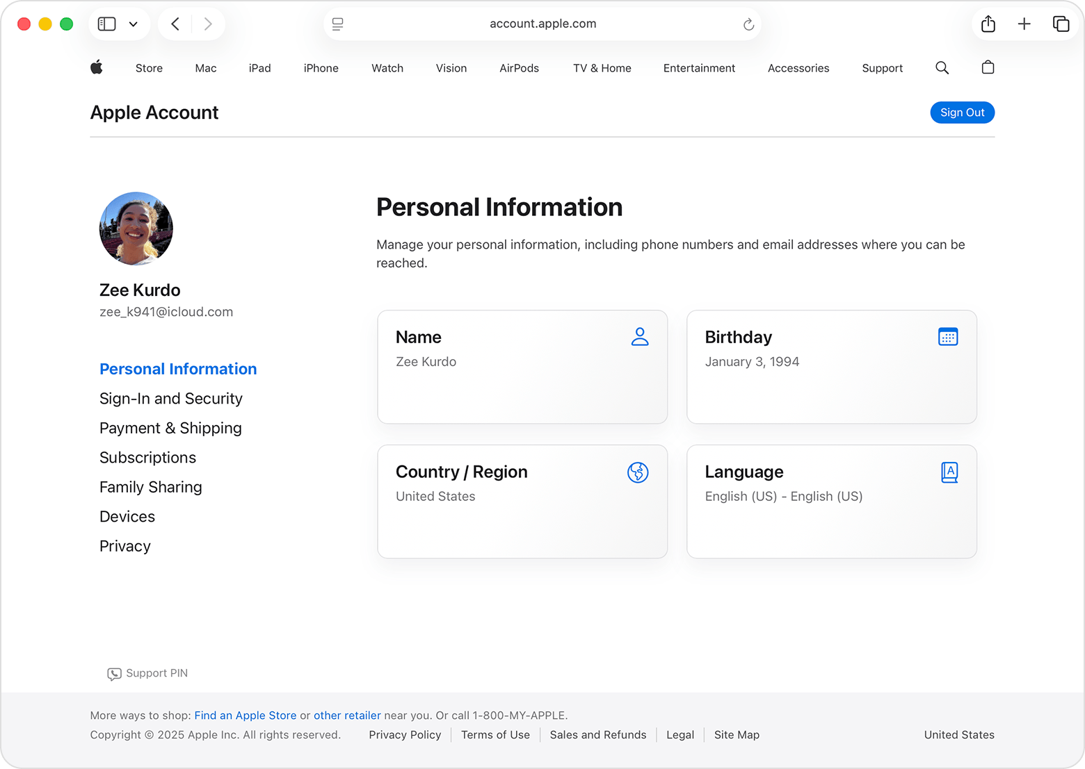 The Apple Account page showing Personal Information and Birthday