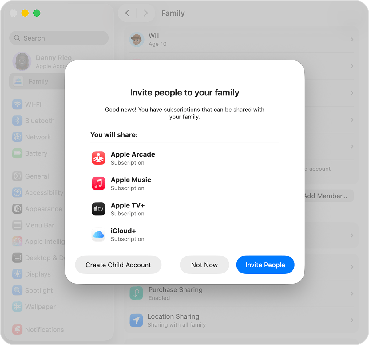 Mac System Settings showing Family Sharing invitation, and the Create Child Account button
