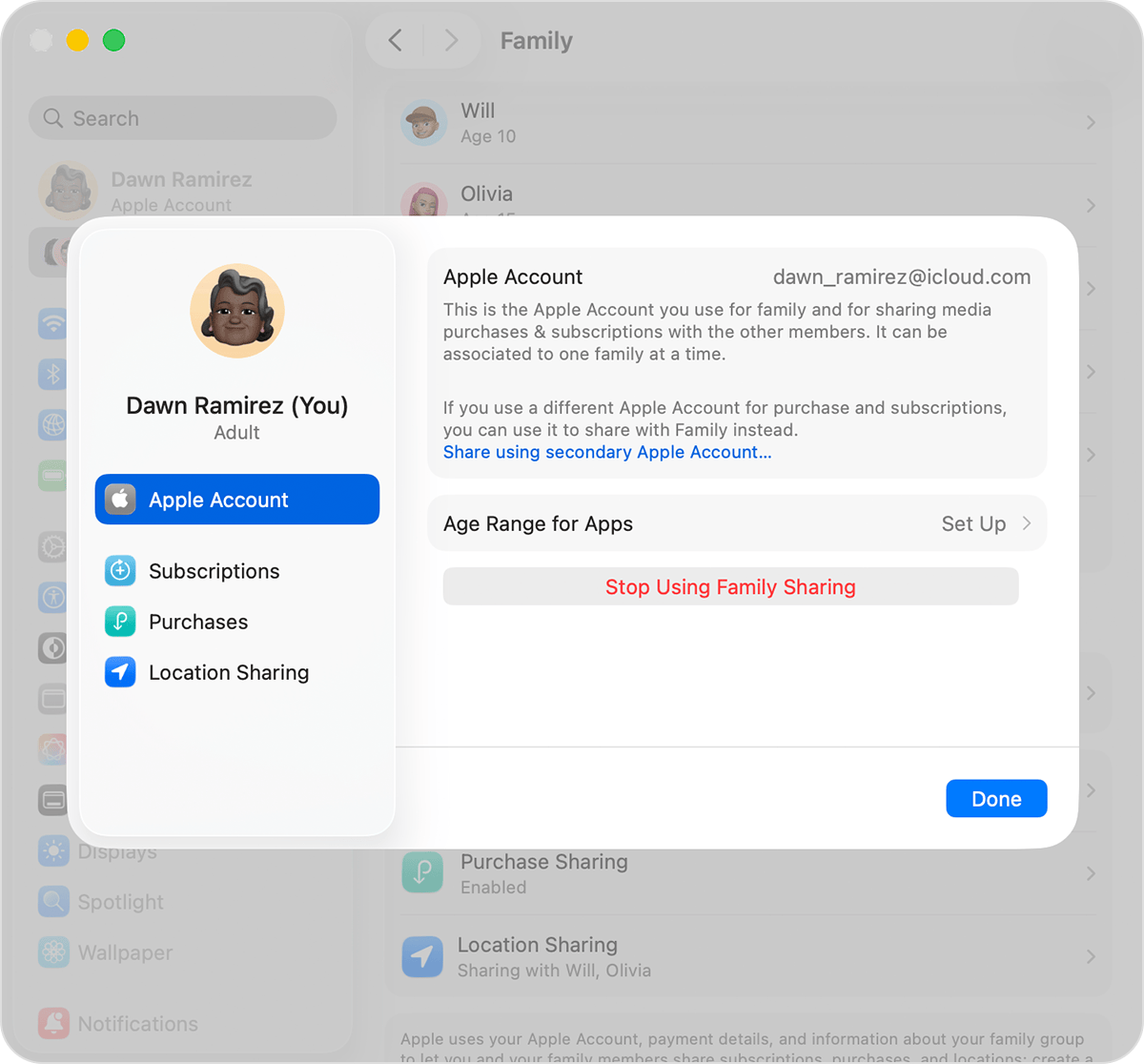 Mac screen showing the step to stop using Family Sharing.