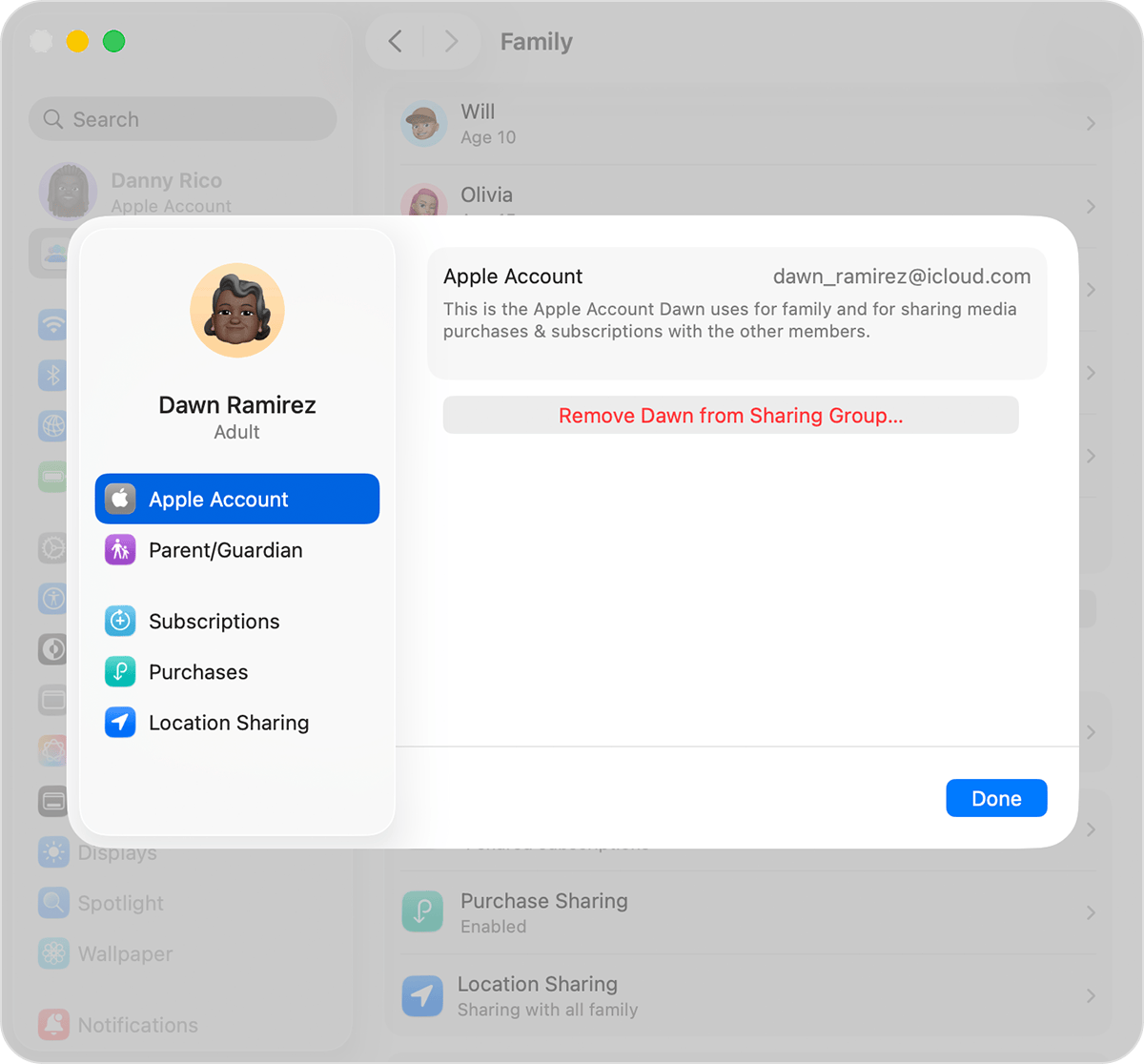 Mac screen showing the step to remove someone from your Family Sharing group.