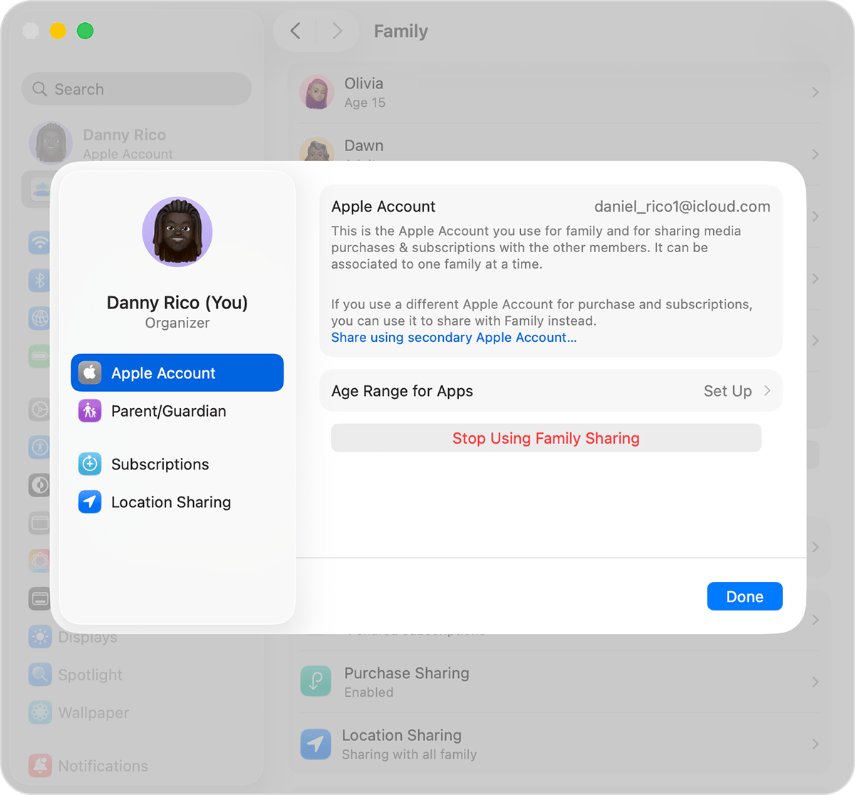 Mac screen showing the step to disband a Family Sharing group.
