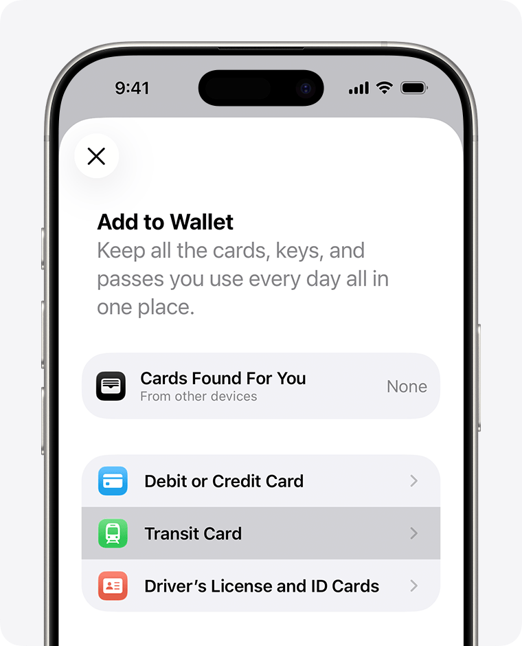 The Add to Wallet screen with the Transit Card option selected.