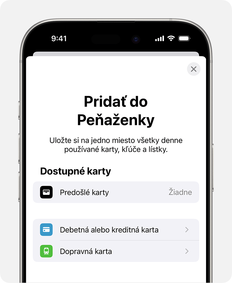 Obrazovka Pridať do Peňaženky so zväčšenou možnosťou Dopravná karta