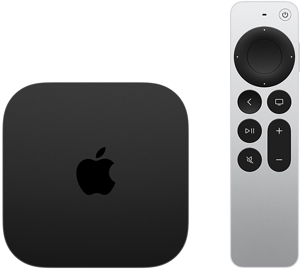 The black Apple TV 4K (3rd generation) appears next to the Apple TV Remote (3rd generation), which includes a circular clickpad for navigation.