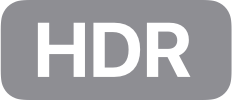 HDR badge. A gray rectangle with rounded corners with a a white capital HDR inside.