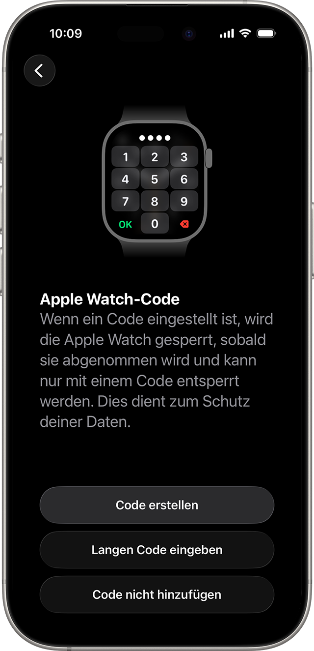 Bildschirm zur Einrichtung des Apple Watch-Codes
