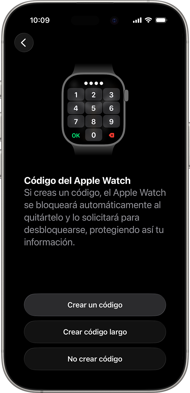 Pantalla de configuración del código del Apple Watch