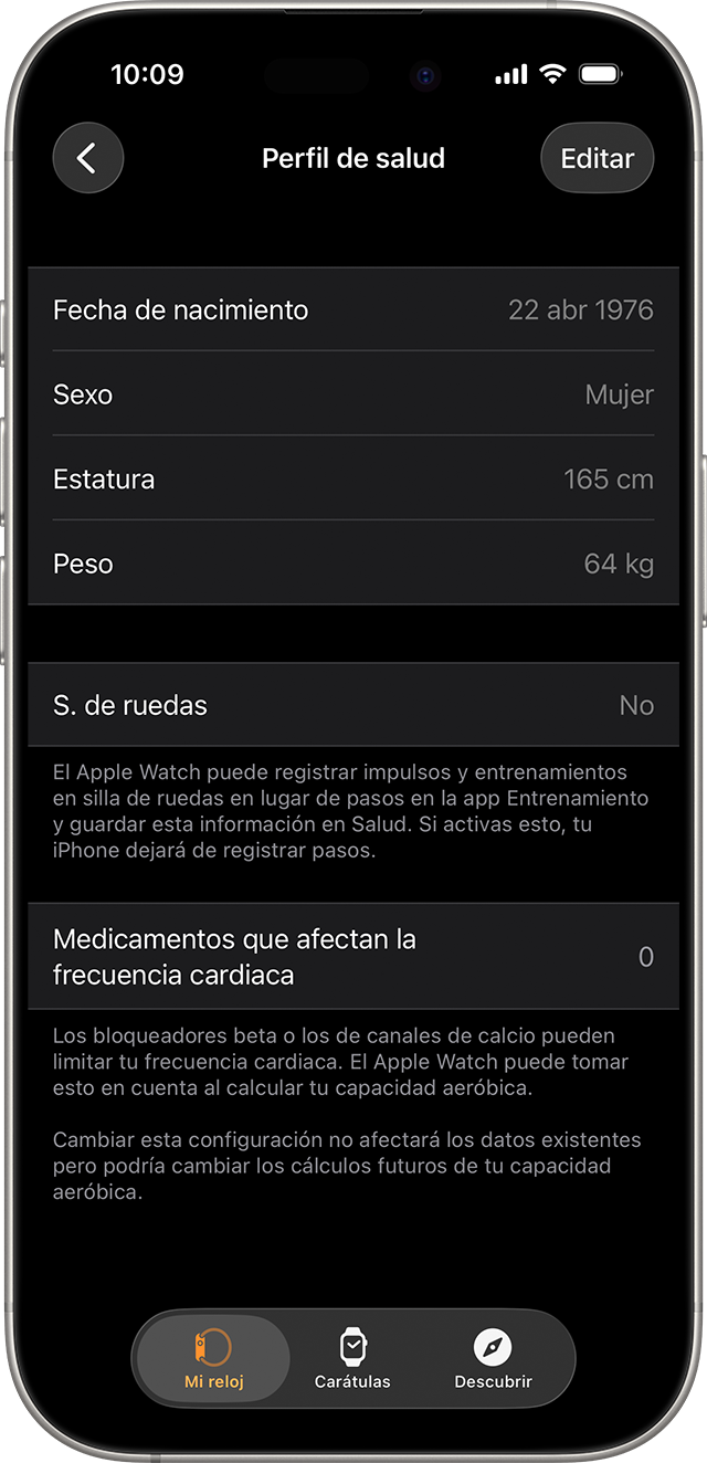Una pantalla de iPhone en la que se muestran los detalles de salud disponibles que puedes actualizar, como la fecha de nacimiento, el sexo y la altura.
