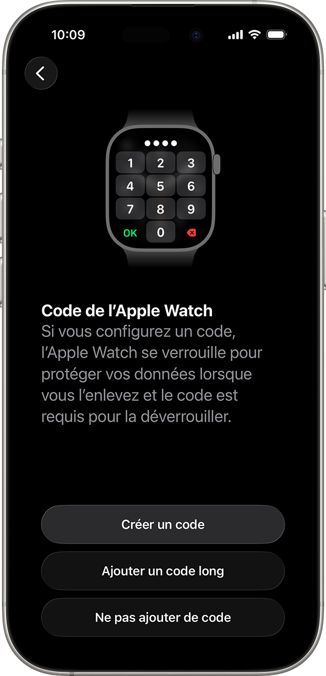 Écran de configuration du code de l’Apple Watch