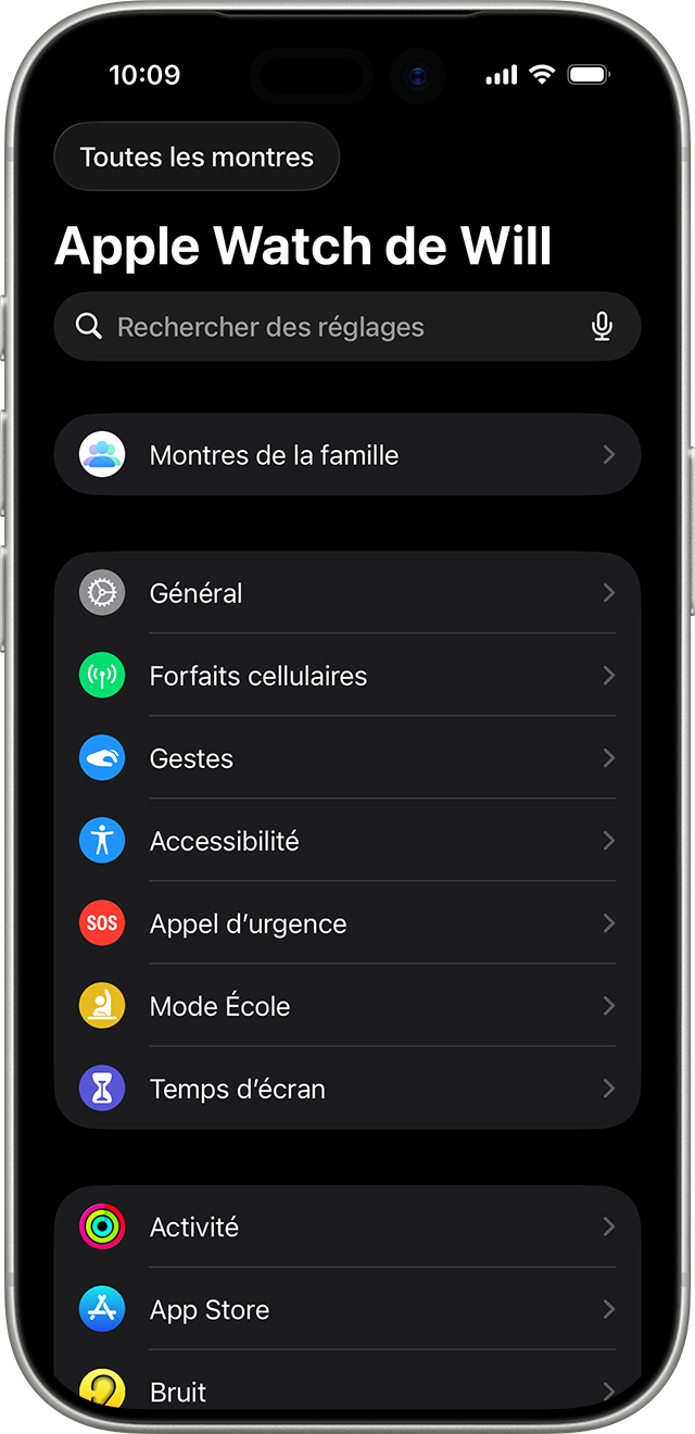 iPhone affichant l’écran Réglages d’une Apple Watch gérée