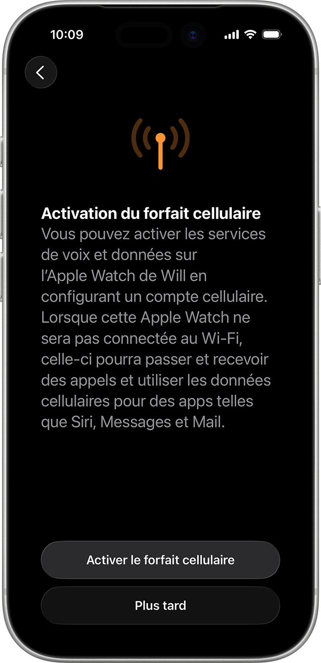 iPhone affichant l’écran de configuration de la connectivité mobile de l’Apple Watch