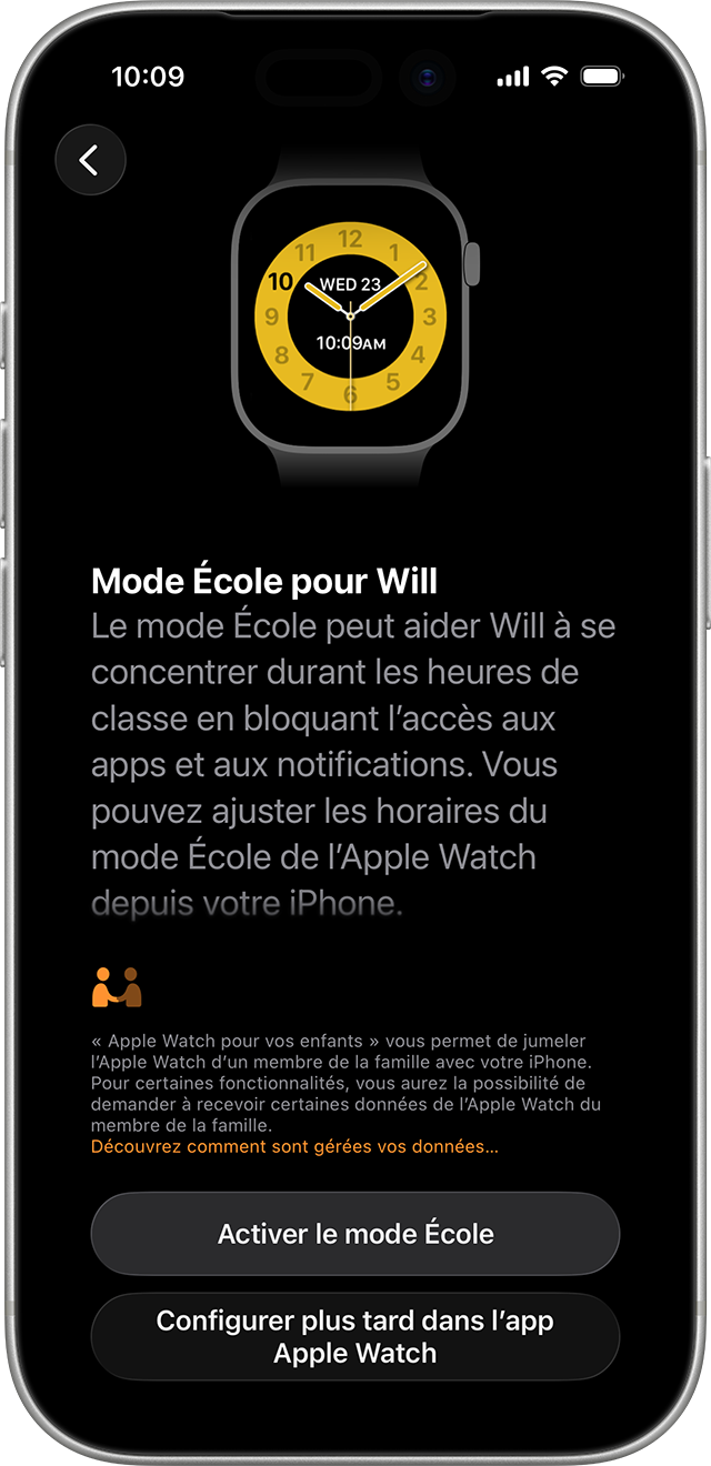 iPhone affichant l’écran de configuration du mode École de l’Apple Watch