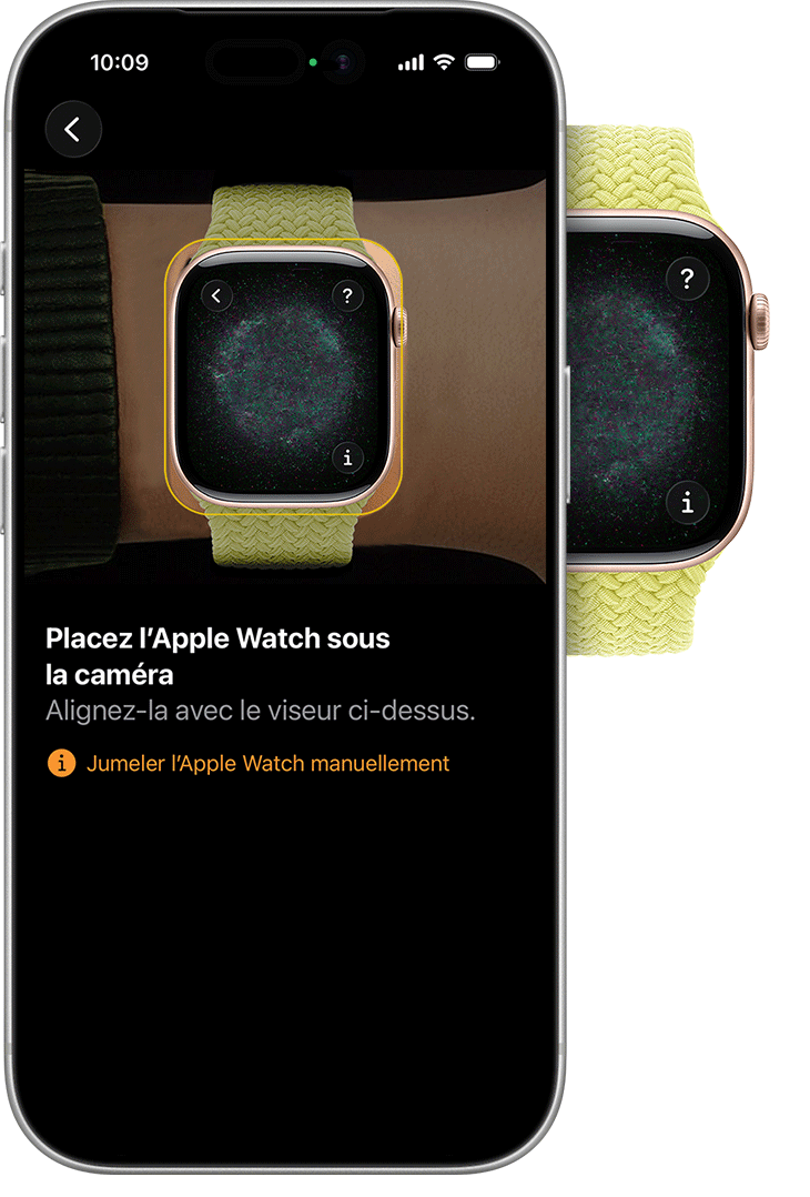 Apple Watch et iPhone affichant l’animation de jumelage sur chaque appareil
