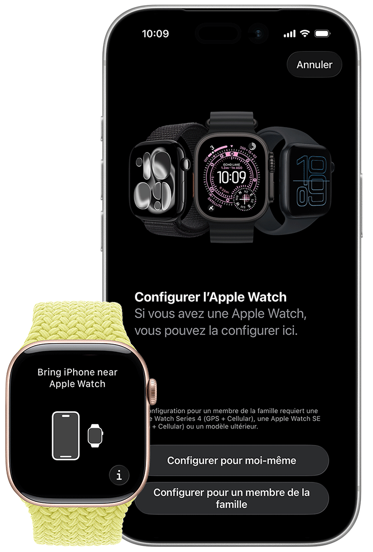 Apple Watch et iPhone affichant les écrans de jumelage sur chaque appareil