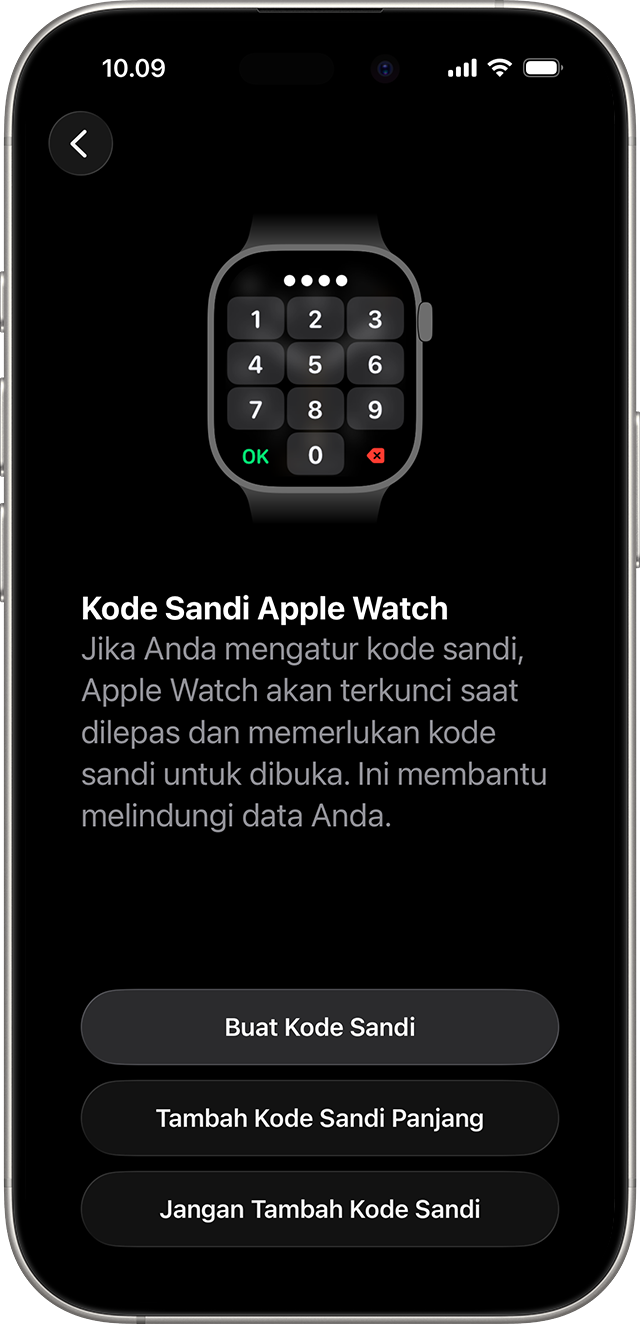 Layar pengaturan Kode Sandi Apple Watch