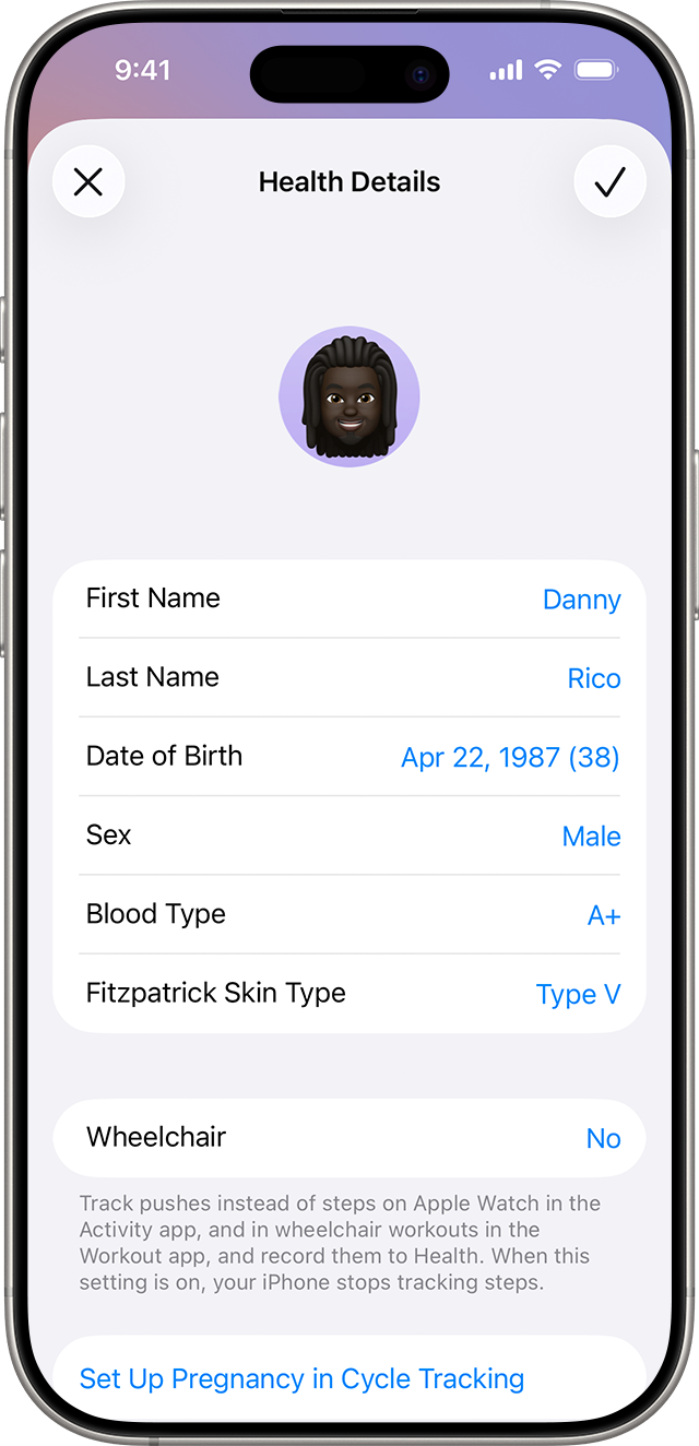 The Health Details screen on iPhone which shows Health Profile information such as Date of Birth and Blood Type.
