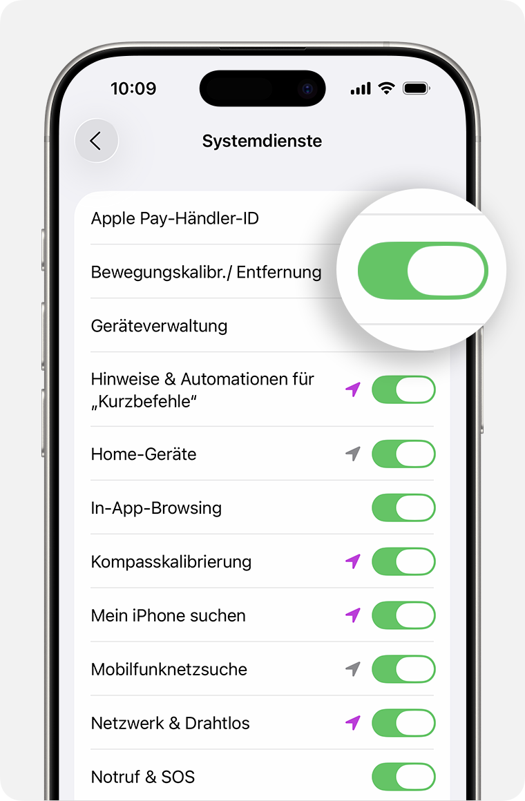 Bildschirm "Systemdienste" auf dem iPhone.